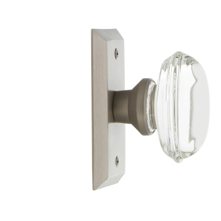 Satin Nickel Studio Plate with Oval Clear Crystal Door Knob