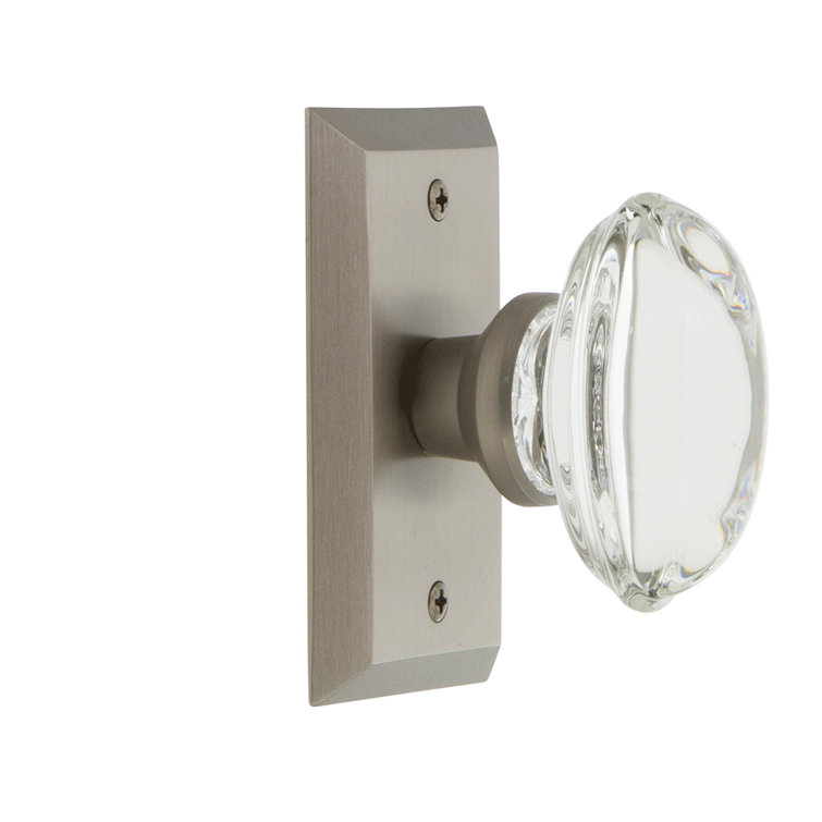 Satin Nickel Studio Plate with Oval Clear Crystal Door Knob
