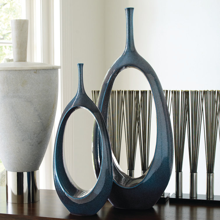 Tall Orange Ceramic Open Oval Ring Table Vase