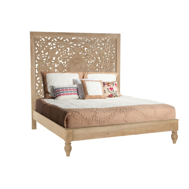 Elegant Floral Carved King Platform Bed in Light Brown