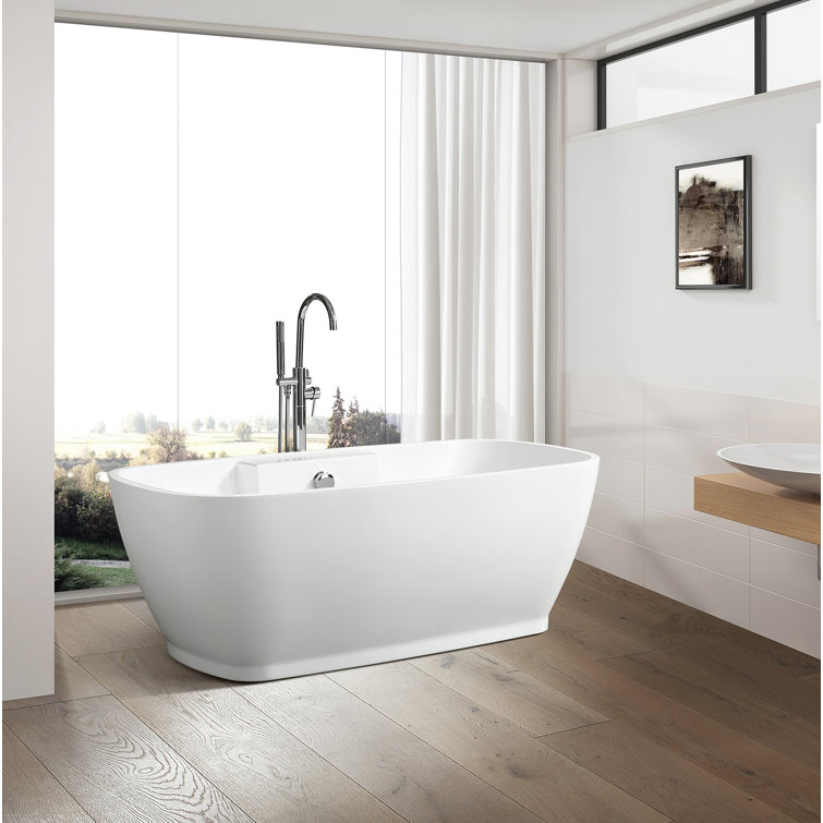 59" White Freestanding Acrylic Soaking Bathtub with Chrome Overflow