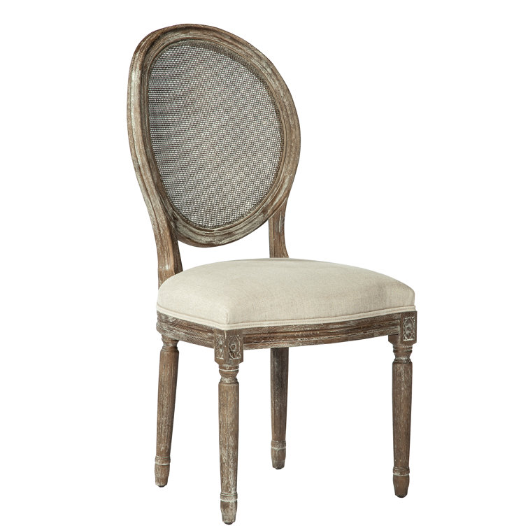 Beige Linen Upholstered Oak Side Chair with Rattan Back