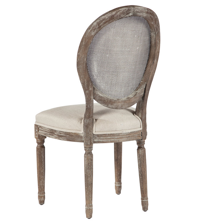 Beige Linen Upholstered Oak Side Chair with Rattan Back