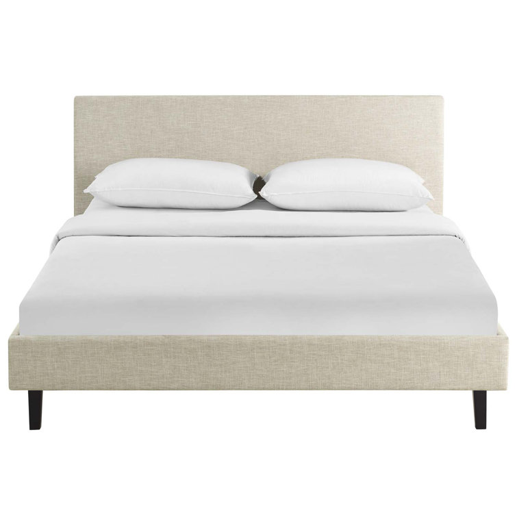 Beige Full Upholstered Tufted Wood Platform Bed
