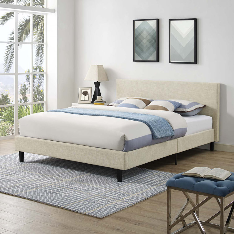 Beige Full Upholstered Tufted Wood Platform Bed