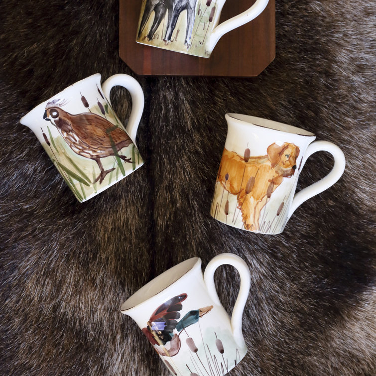 Handpainted White Ceramic Winter Mug with Hunting Dog Design