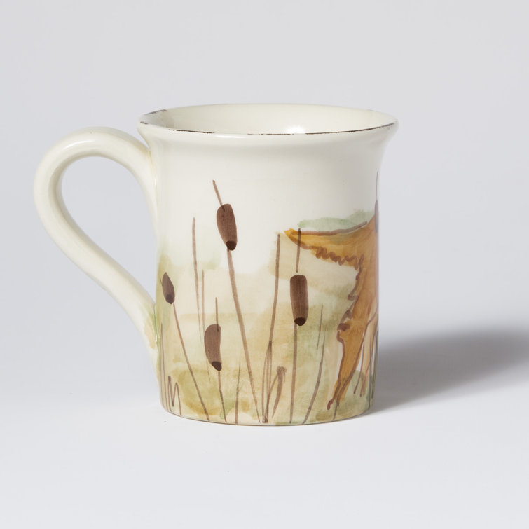 Handpainted White Ceramic Winter Mug with Hunting Dog Design