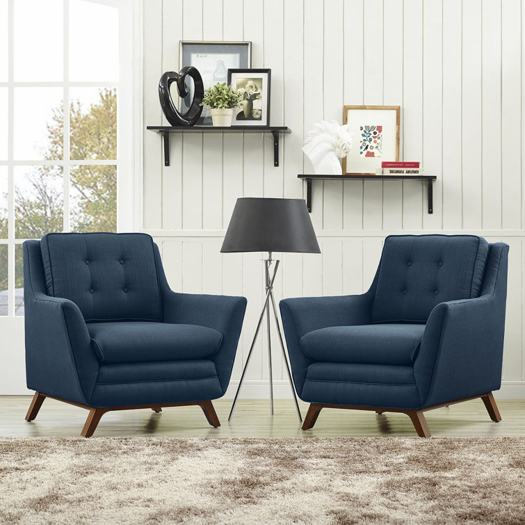Azure Upholstered Fabric Mid-Century Modern Armchair Set with Walnut Base
