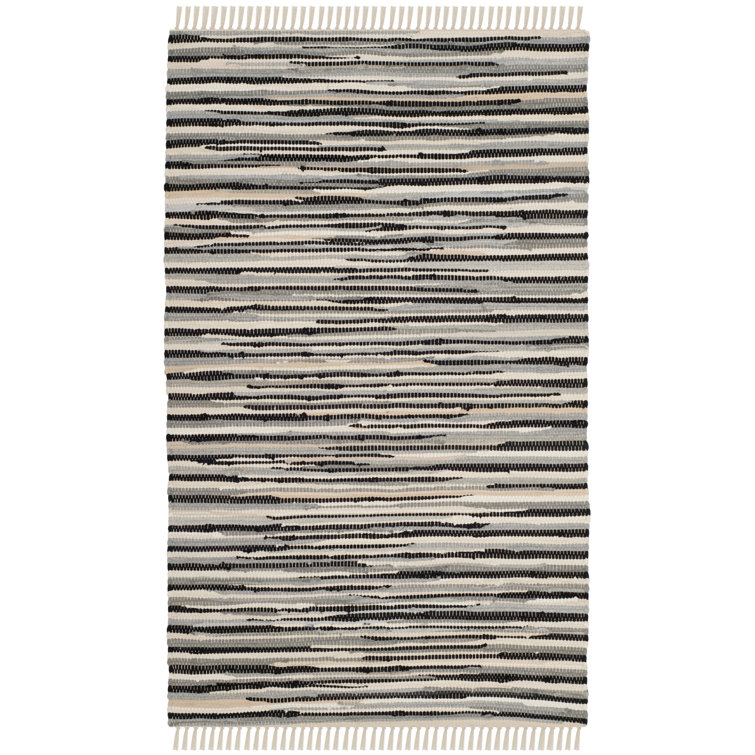 Handmade Black and White Striped Wool Cotton Rug