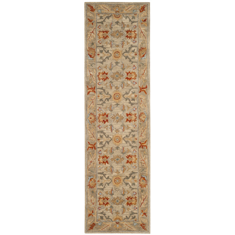 Elegant Antiquity Hand-Spun Wool Runner Rug in Beige, Gray, and Orange
