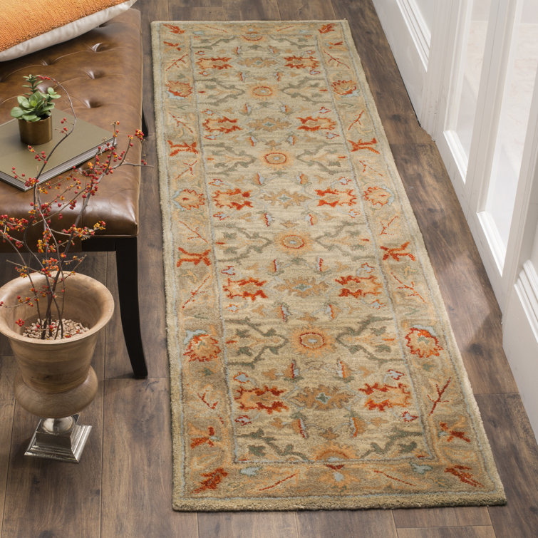 Elegant Antiquity Hand-Spun Wool Runner Rug in Beige, Gray, and Orange