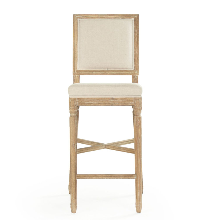 Gray Oak Bar Stool with Natural Linen Upholstery