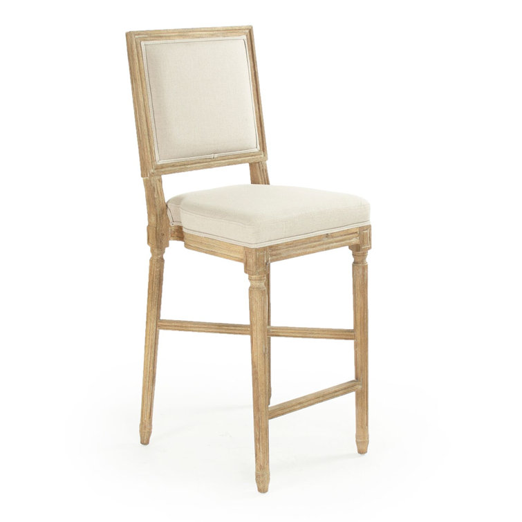 Gray Oak Bar Stool with Natural Linen Upholstery