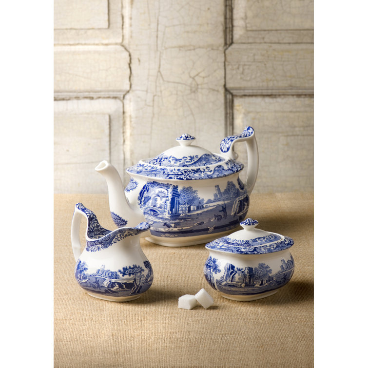 Blue and White Earthenware Teapot with Italian Countryside Design