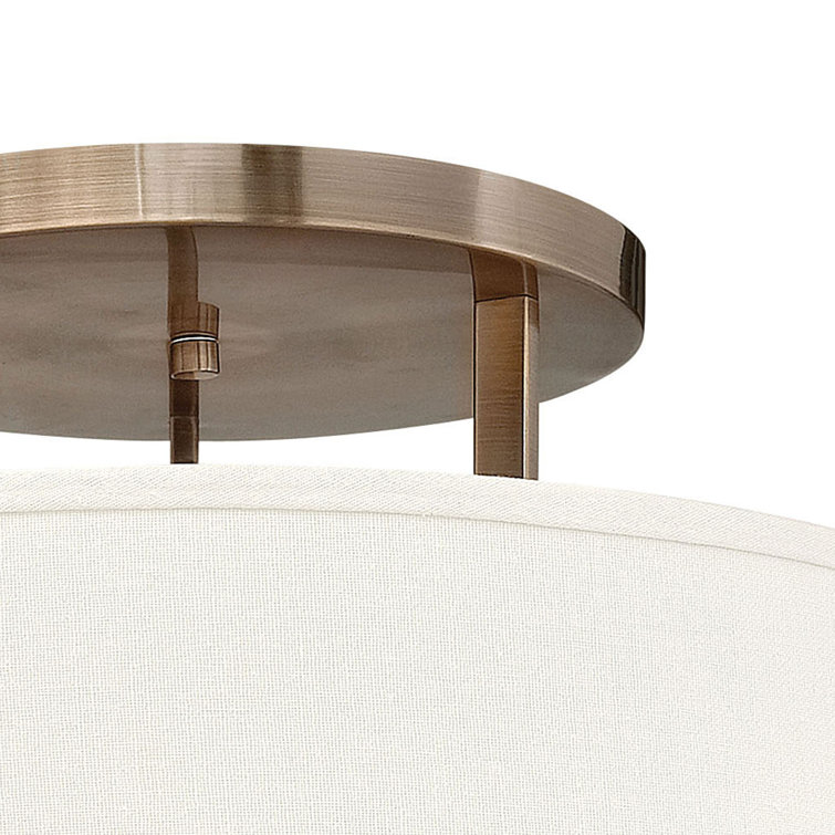 Brushed Bronze 26" Drum Semi-Flush Mount with Off-White Linen Shade