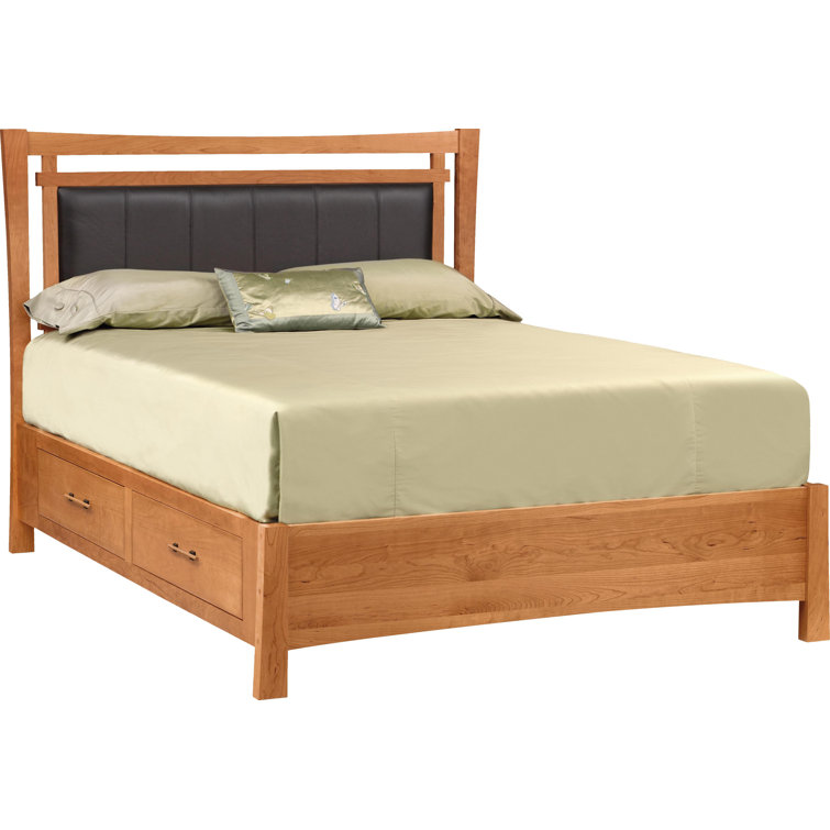 Queen Sand Microfiber Upholstered Storage Bed with Natural Wood Frame