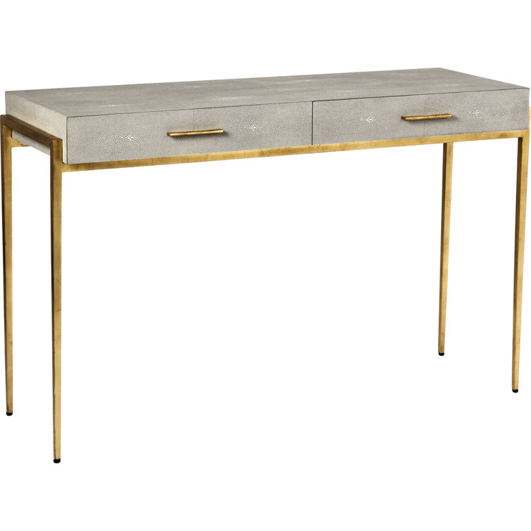 Taupe Faux Shagreen Console Table with Gold Iron Base