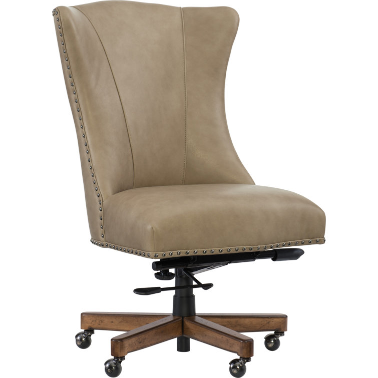 Beige Leather Swivel Executive Chair with Wood Base