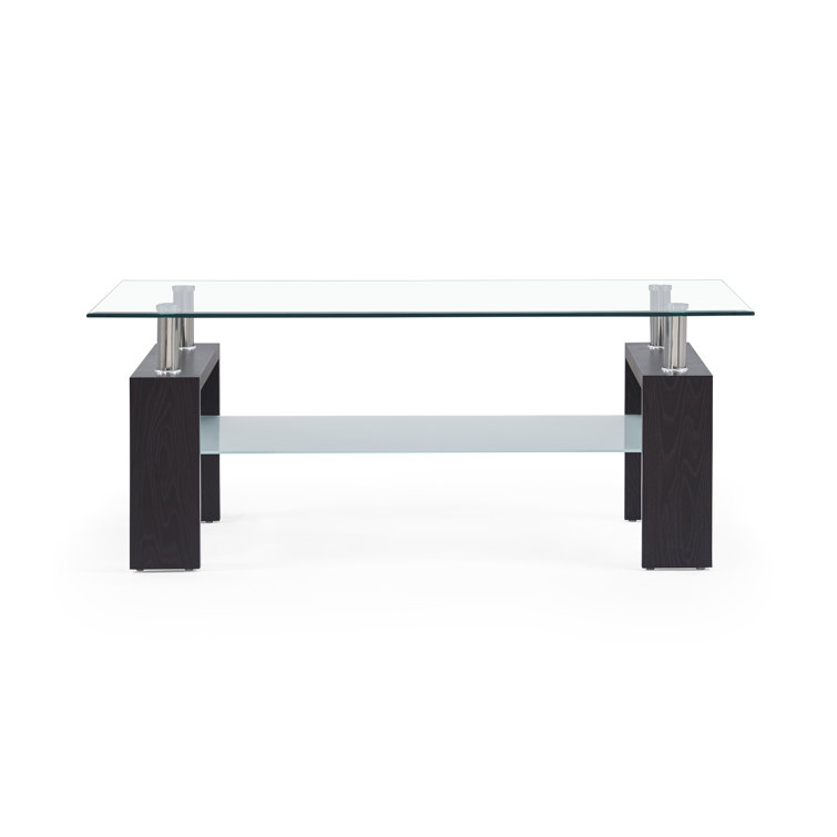 Modern Dark Walnut Rectangular Coffee Table with Glass Top and Storage