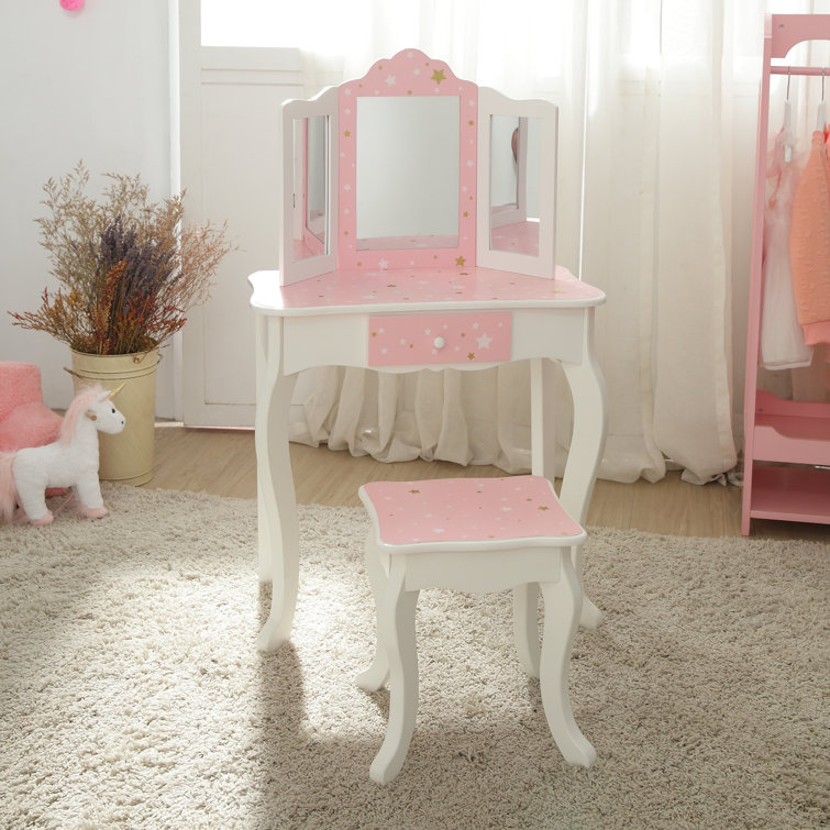Gisele Blush Pink Star Print Kids Vanity Set with Bench