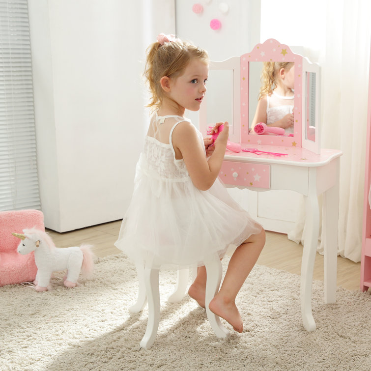 Gisele Blush Pink Star Print Kids Vanity Set with Bench