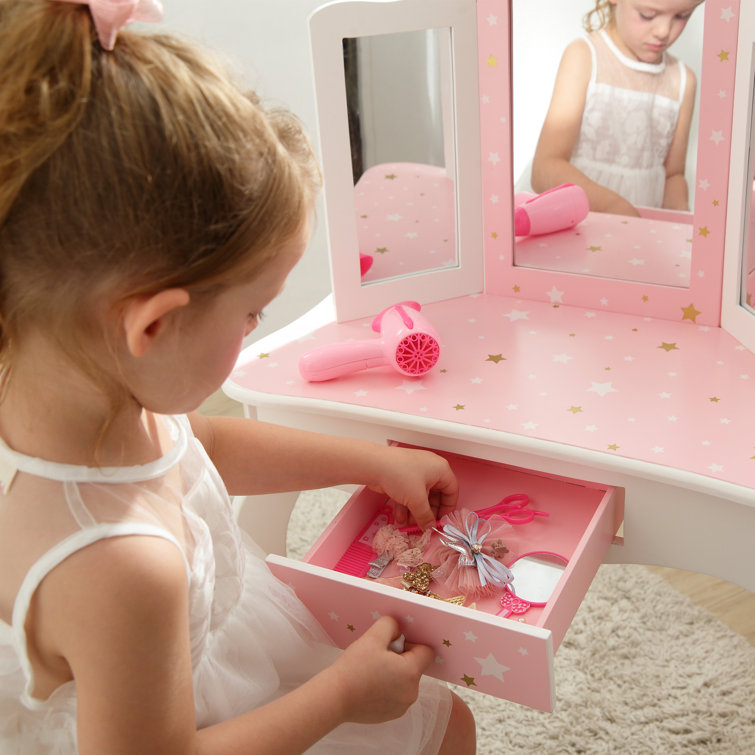 Gisele Blush Pink Star Print Kids Vanity Set with Bench