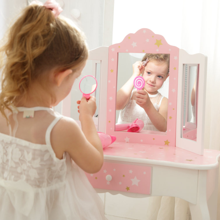 Gisele Blush Pink Star Print Kids Vanity Set with Bench