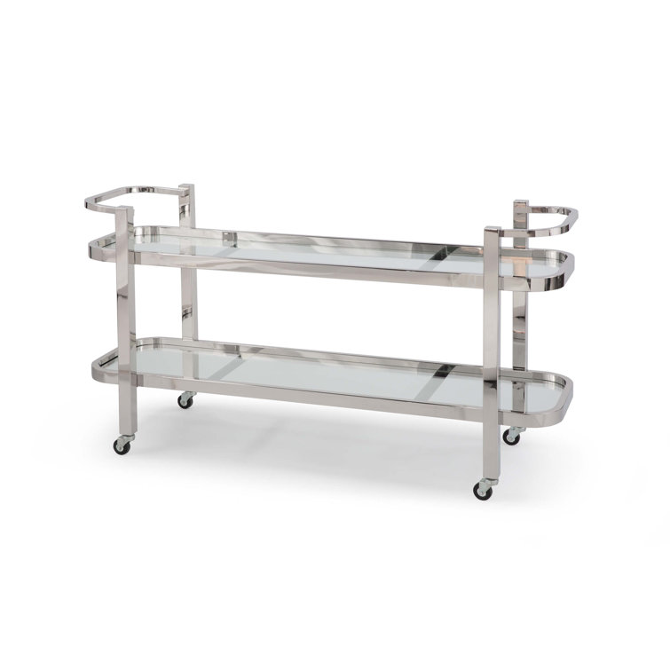 Carter Polished Stainless Steel Rectangular Bar Cart with Glass Shelves
