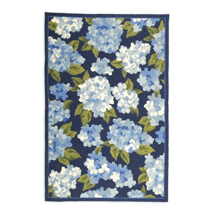 Hydrangeas Blue and Green Rectangular Synthetic Rug