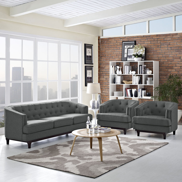 Gray Velvet Button-Tufted Sofa and Chair Set with Walnut Legs