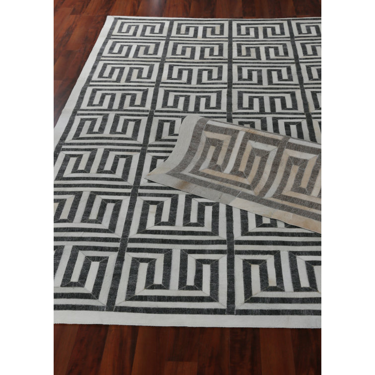 Ivory and Brown Geometric Handmade Viscose Cowhide Rug