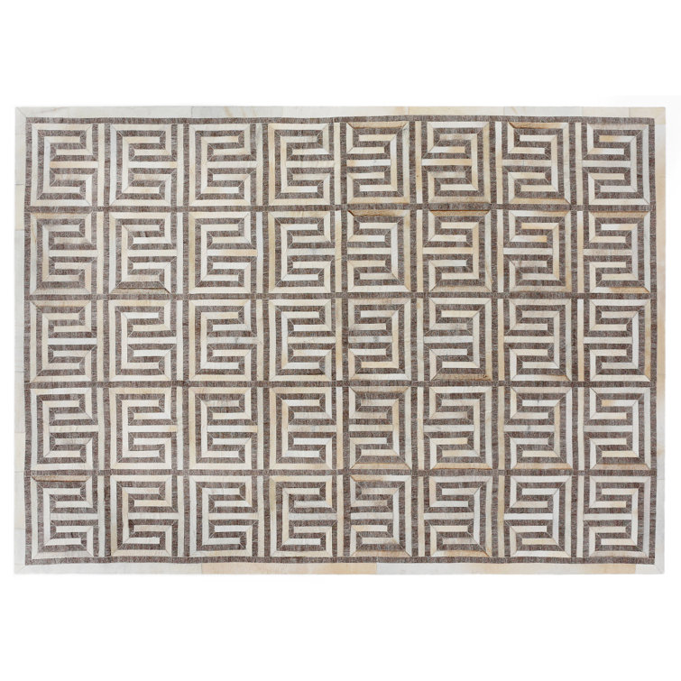 Ivory and Brown Geometric Handmade Viscose Cowhide Rug