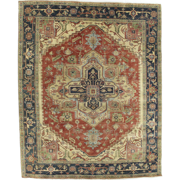 Hand-Knotted Red and Navy Wool 6' x 9' Area Rug