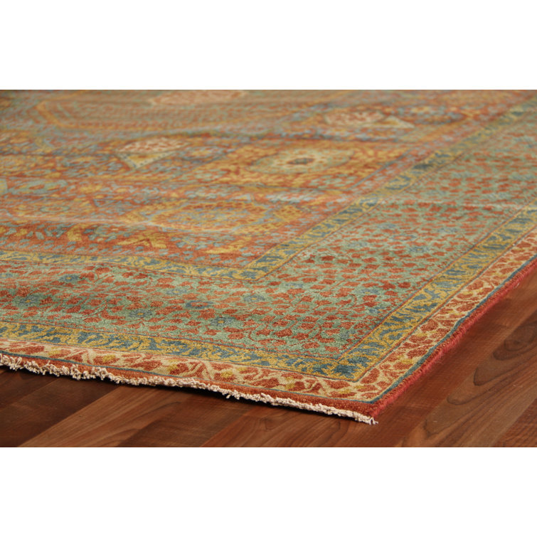 Hand-Knotted Green and Rust Wool 8' x 10' Area Rug