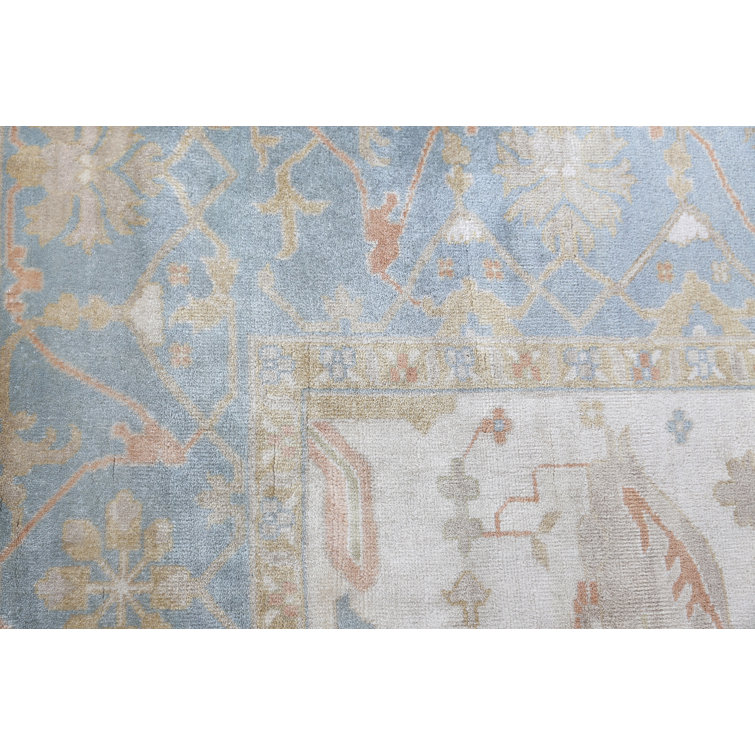 Hand-Knotted Blue and Ivory Wool 8' x 10' Oriental Rug
