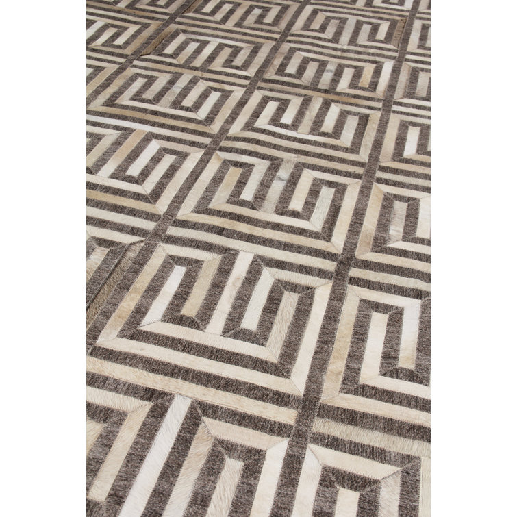 Ivory and Brown Geometric Handmade Viscose Cowhide Rug