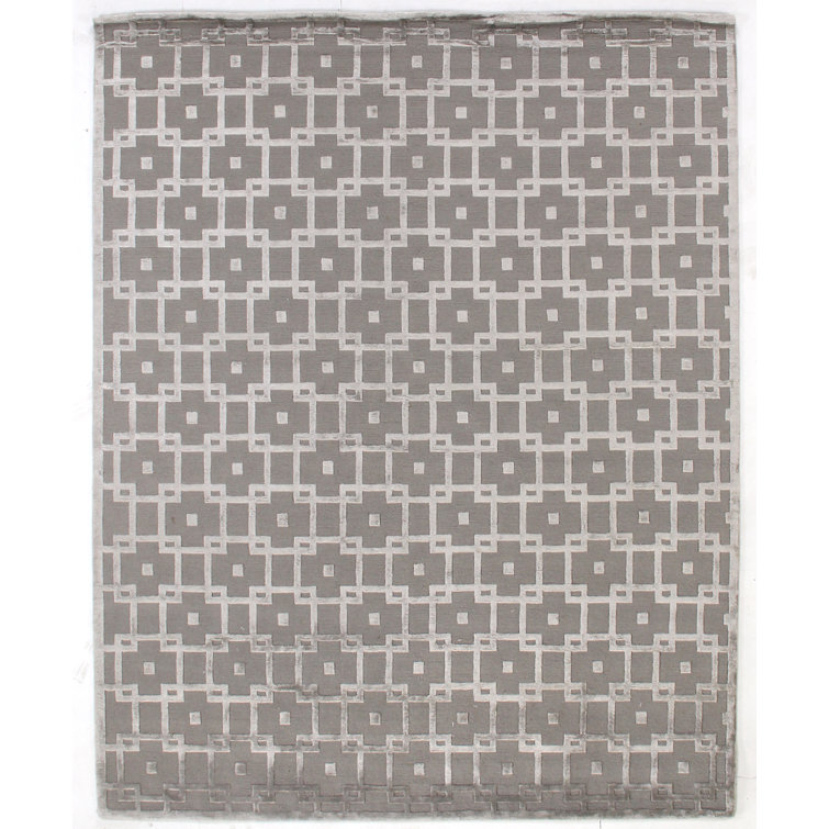 Silver Geometric Hand-Knotted Wool and Viscose Area Rug 8' x 10'
