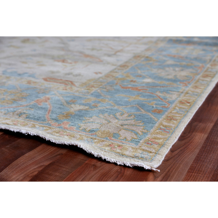 Hand-Knotted Blue and Ivory Wool 8' x 10' Oriental Rug