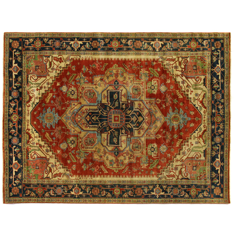 Hand-Knotted Red and Navy Wool 6' x 9' Area Rug