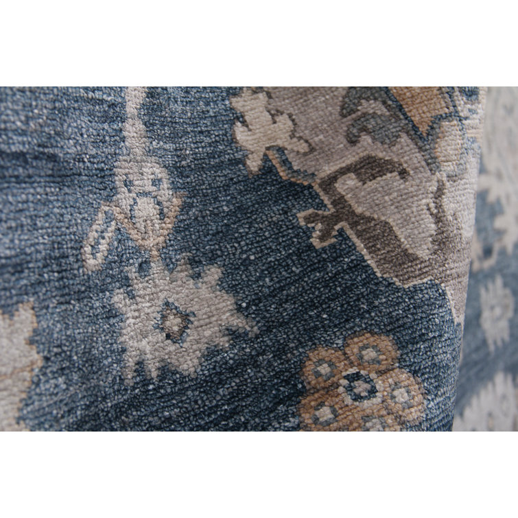 Navy and Beige Hand-Knotted Viscose Rectangular Rug 6' x 9'