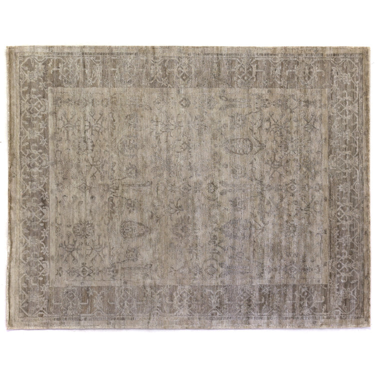 Beige and Light Brown Hand-Knotted Oriental Silk Rug, 9' x 12'
