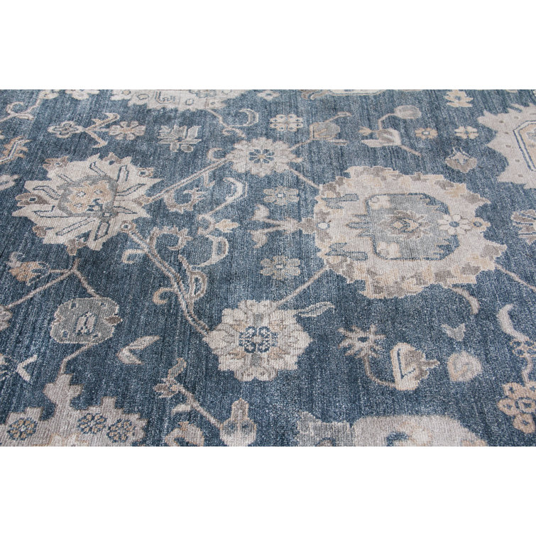 Navy and Beige Hand-Knotted Viscose Rectangular Rug 6' x 9'