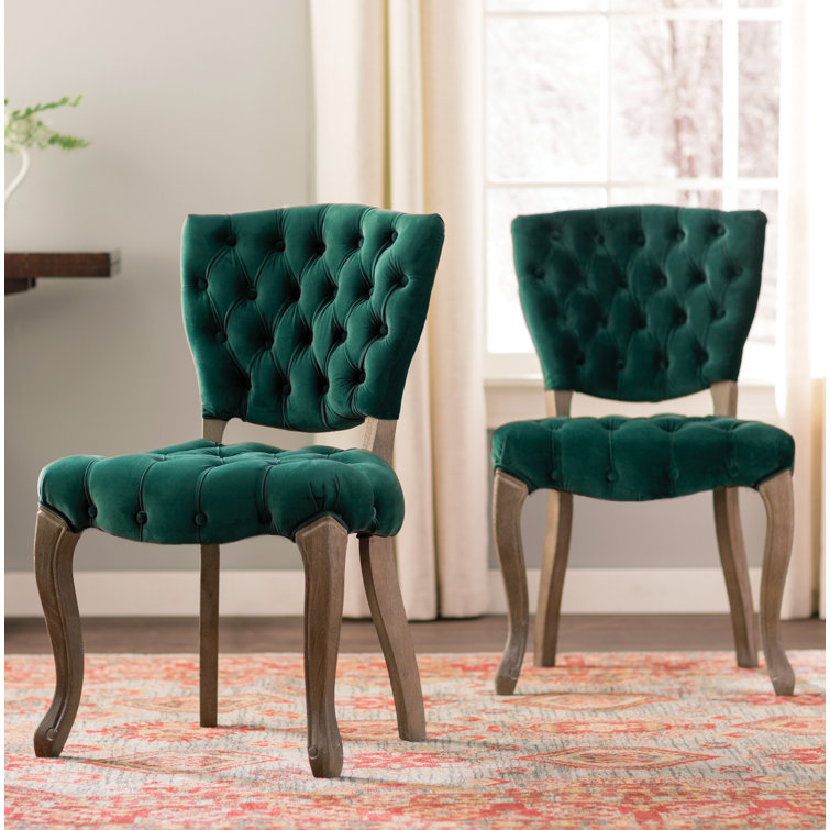 Elizabeth Tufted Dark Green Velvet Wood Dining Chairs (Set of 2)