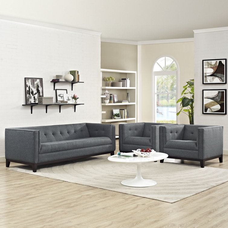Gray Tufted Polyester Armchairs with Walnut Wood Legs, Set of 2
