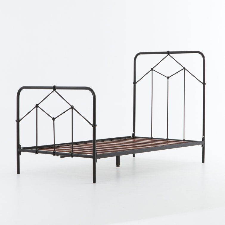 Black Twin Upholstered Metal Frame Bed with Headboard