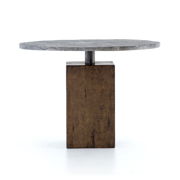 Round Brown and Gray Reclaimed Wood and Marble Dining Table