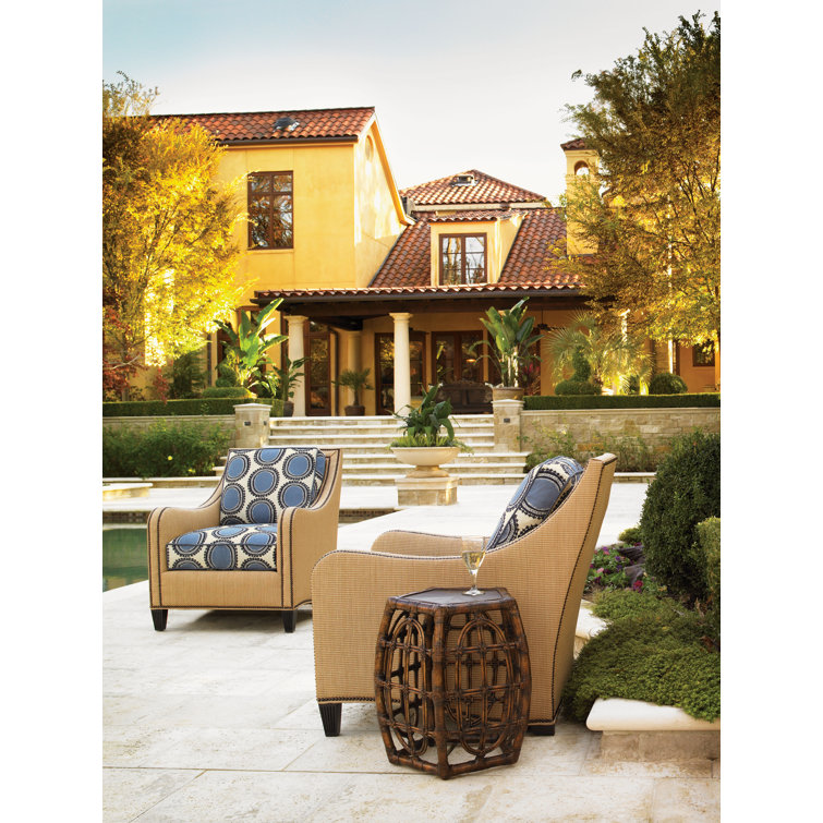 Transitional Brown Round Rattan and Leather 19'' Accent Table