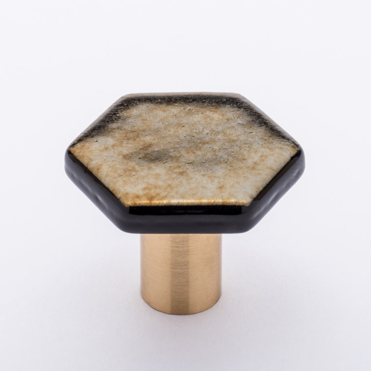Geometric Satin Brass and Gold Iridized Black Glass Cabinet Knob