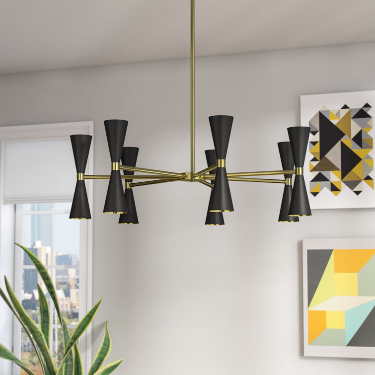 Milo 35" Black and Brass Mid-Century Modern Chandelier