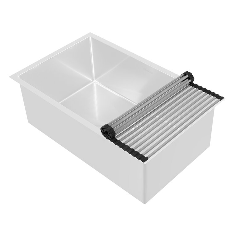 Brushed Stainless Steel Over-the-Sink Rolling Mat with Black Rubber Edges